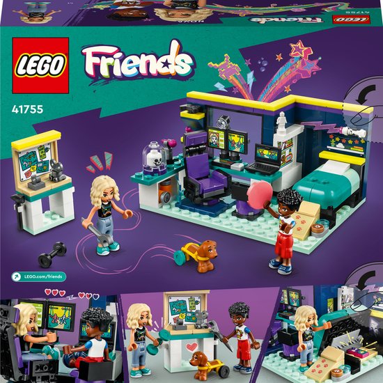 LEGO Friends doos met Nova's kamer, minipoppetjes, hond, computers en speelgoed.