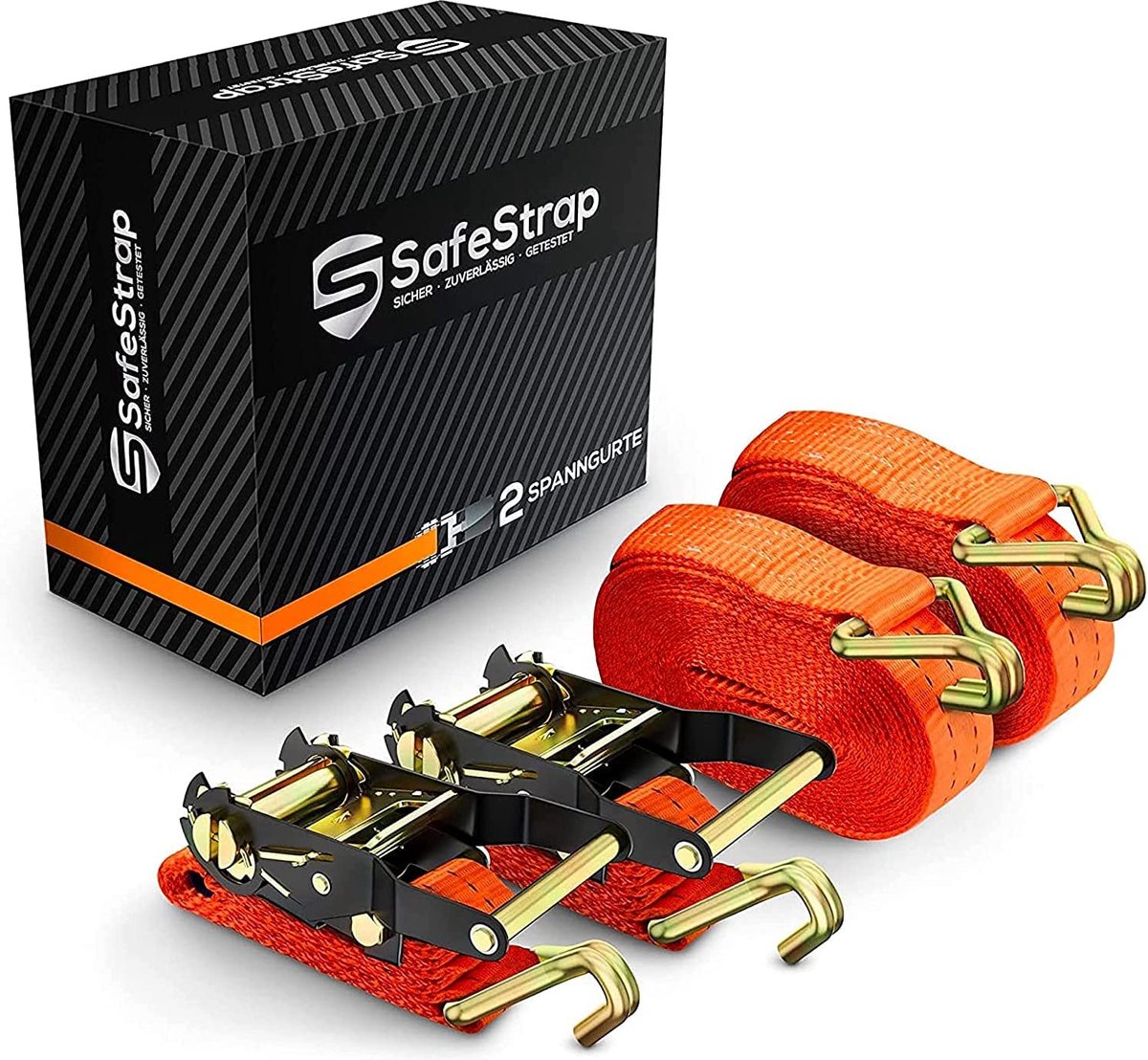 SafeStrap® Spanbanden met haken / Riemen voor fietsdrager - Set van 2 - EN 12195-2 Gecertificeerd - 6m lange ratelbanden met 2000kg capaciteit