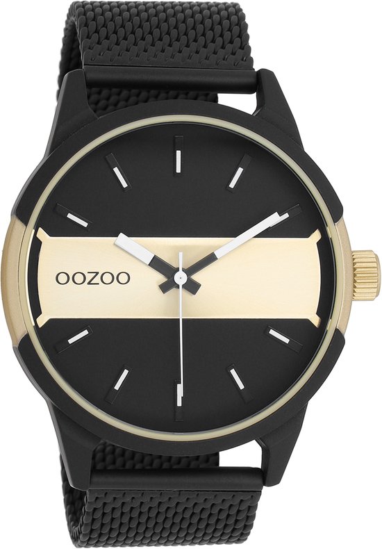 OOZOO Timepieces - Zwart/champagne horloge met zwarte metalen mesh armband - C11108
