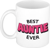 Best auntie ever cadeau mok / beker wit met roze cartoon letters - 300 ml - keramiek - verjaardag tante - cadeau koffiemok / theebeker