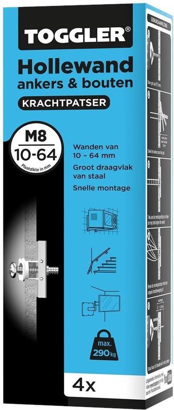 Verpakking toggler hollewandankers M8, 10-64mm, 4 stuks. Afbeelding met illustraties van montage.