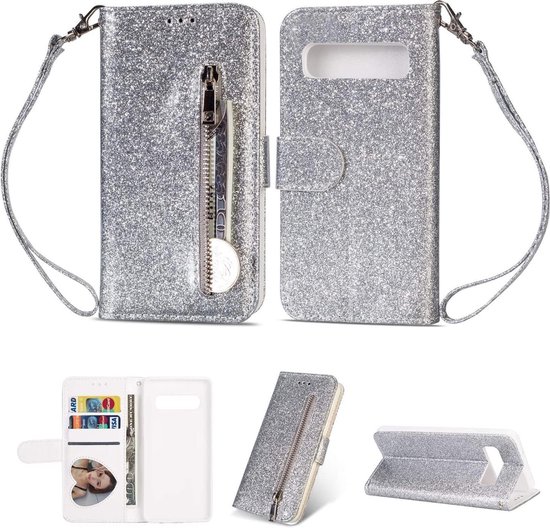 Portefeuille avec Étui Bookcase hoesje Glitter Samsung Galaxy S10E - Argent