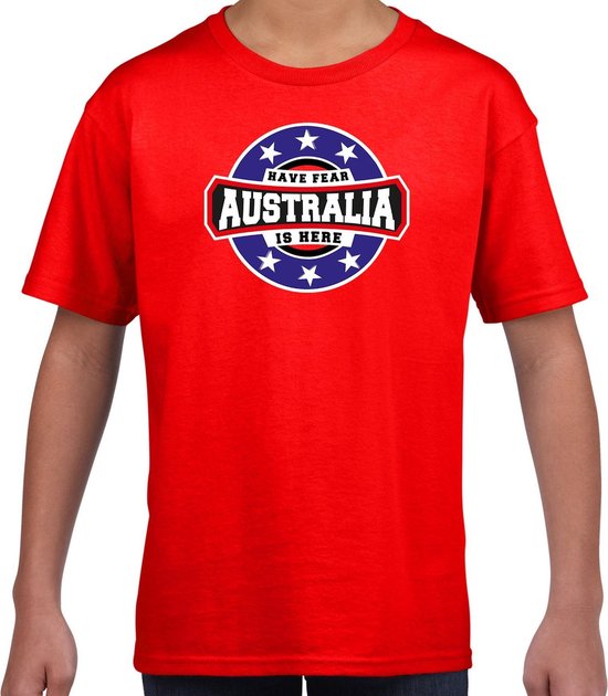 Have fear Australia is here t-shirt met sterren embleem in de kleuren van de Australische vlag - rood - kids - Australie supporter / Australisch elftal fan shirt / EK / WK / kleding 158/164