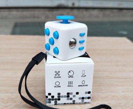 Wit friemelkubusje met blauwe knoppen, een joystick, een draaischijf en schakelaars op een doosje met functies.