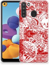 GSM Hoesje Geschikt voor Samsung Galaxy A21 Back Case TPU Siliconen Hoesje Angel Skull Red