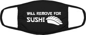 Sushi mondkapje | grappig | gezichtsmasker | bescherming | bedrukt | logo | Zwart mondmasker van katoen, uitwasbaar & herbruikbaar. Geschikt voor OV