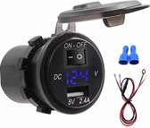 Universele auto enkele poort USB-oplader stopcontact Adapter 2.4A 5V IP66 met LED digitale voltmeter + schakelaar + 60cm kabel (blauw licht)