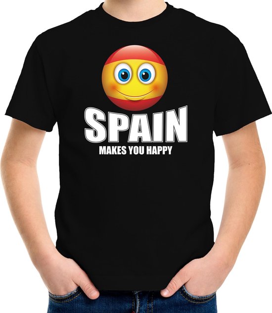 Spain makes you happy landen t-shirt Spanje met emoticon - zwart - kinderen - Spanje landen shirt met Spaanse vlag - EK / WK / Olympische spelen outfit / kleding 158/164
