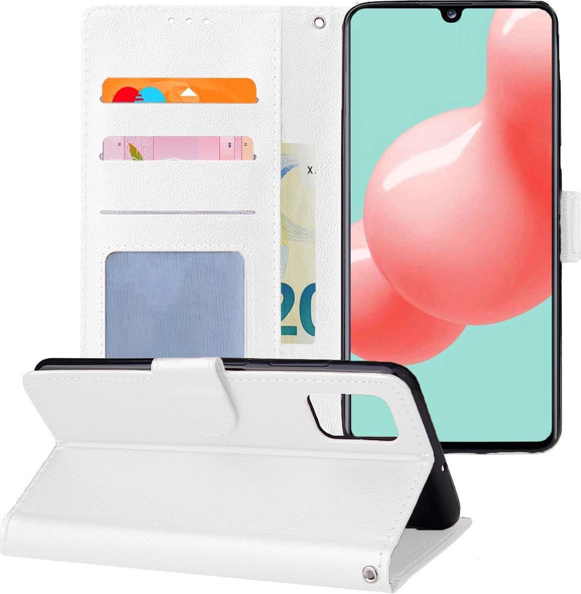 Hoesje - Met Pasjeshouder - Geschikt voor Samsung Galaxy A41 - Luxe Bookcase Portemonee - Flip Case - Kunstleer Book Case - Flipcase - Book Cover - Walletcase - Portemonneehoes - Telefoonhoesjes - Wit