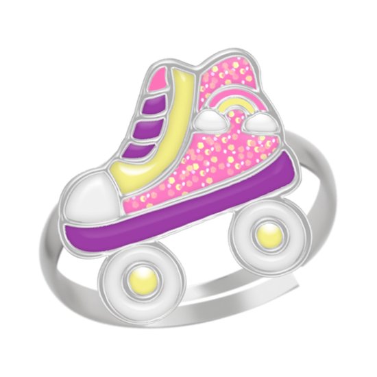 Bague en argent fille | Bague en argent pour enfants | Bague argentée, patin à roulettes aux couleurs pastel avec arc-en-ciel et paillettes