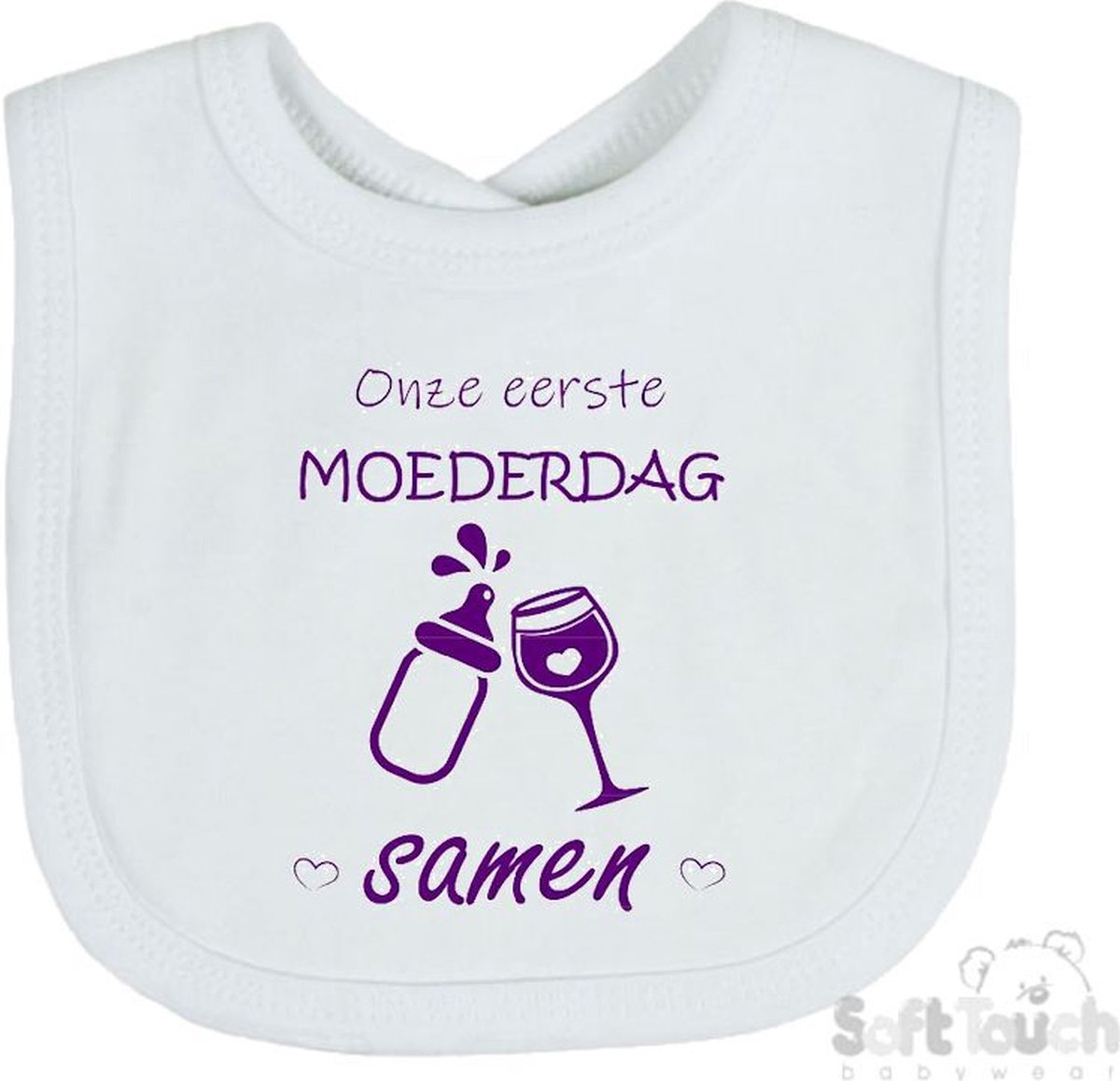 Goedkoopste Soft Touch Slabber Slabbetje Slab Onze eerste moederdag samen Moederdag Unisex Katoen Wit/paars Maat 33x22 Cm