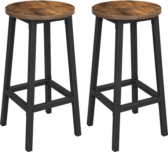 Tabouret de bar, Set de 2 Tabourets de bar, chaises de cuisine avec structure en acier stable, hauteur 65 cm, rond, montage facile, style industriel, marron-noir vintage