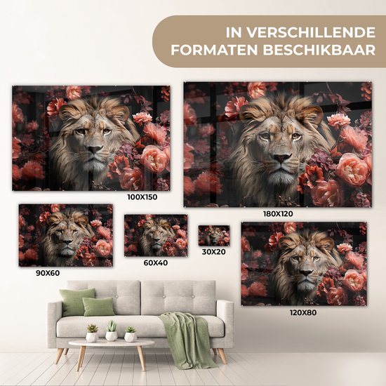 MuchoWow® Peinture sur verre 120x80 cm - Peinture sur verre - Lion - Animal - Nature - Botanique - Fleurs - Rose - Photo sur verre acrylique - Peintures