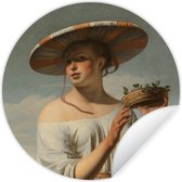 WallCircle - Muurstickers - Behangcirkel - Meisje met een brede hoed - Schilderij van Caesar Boëtius van Everdingen - 100x100 cm - Muurcirkel - Zelfklevend - Ronde Behangsticker XXL