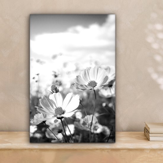 Canvas Schilderij Bloemen - Wei - Paars - Gras - Wit - Wolken - Blauw - 20x30 cm - Wanddecoratie