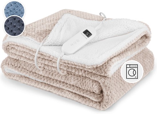 Klarstein XL Elektrische knuffeldeken - Elektrisch deken met automatische uitschakeling - 180X130 cm - Elektrisch warmtedeken - Wasmachine bestendig - Dubbelzijdige Elektrische Deken Voor Bed & Bank - 9 Standen - Zandkleur