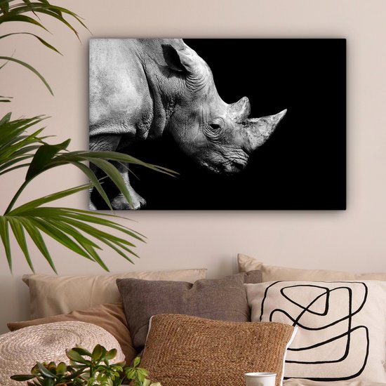 Peintures sur toile - Portrait photo rhinocéros sur fond noir en noir et blanc - 60x40 cm - Décoration murale