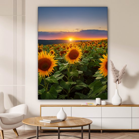 Peinture sur toile - Photo sur toile - Tournesol - Fleurs - Nuages - Ciel - Lumière du soleil - Décoration de chambre - Fleurs sur toile - 120x160 cm - Chambre