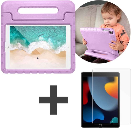 iMoshion Kidsproof Tablet Hoes Kinderen & Screenprotector Gehad Glas Geschikt Apple iPad 9 (2021) 9e generatie / iPad 8 (2020) 8e generatie / iPad 7 (2019) 7e generatie tablethoes - Paars