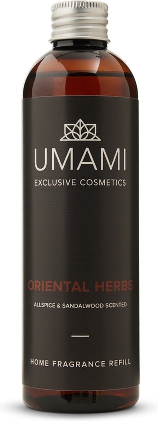 Umami Exclusive Cosmetics home fragrance refill in amber bottle, 'Oriental Herbs Allspice & Sandalwood Scented'.