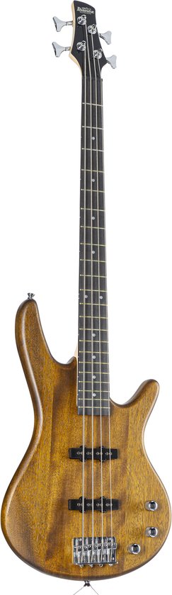 Elektrische basgitaar met een houten afwerking in lichtbruin, vier snaren en verchroomde hardware.