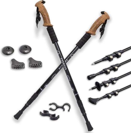 Nordic Walking Stokken- Zwart - Tüv gekeurd - Tot 120kg belastbaar -In hoogte verstelbaar 65-140 cm - Anti Shock functie - Met 3 puntbeschermers en klem - Geschikt voor elke ondergrond - Met gratis E-Book top 10 'wandelroutes in Nederland'