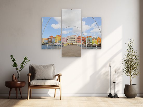 Artaza Peinture sur toile Triptyque Maisons colorées de Willemstad à Curaçao - 150x120 - Groot - Photo sur toile - Impression sur toile