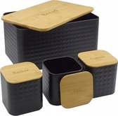 Set de boîtes à pain 4 pièces comprenant des boîtes à Café , Thee au sucre – Acier inoxydable Zwart et bois – GARANTIE 3 ANS