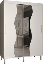 Zweefdeurkast met spiegel Kledingkast met 2 schuifdeuren Garderobekast slaapkamerkast Kledingstang met planken | elegante kledingkast, glamoureuze stijl (LxHxP): 150x208x62 cm - CAPS MAD (Wit, 150 cm) met lades