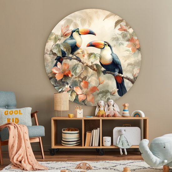 WallCircle - Wandcirkel 120x120 - Toekan - Vogels - Bloemen - Tak - Ronde schilderijen woonkamer - Wandbord rond - Muurdecoratie cirkel - Kamer decoratie binnen - Wanddecoratie muurcirkel - Woonaccessoires XXL