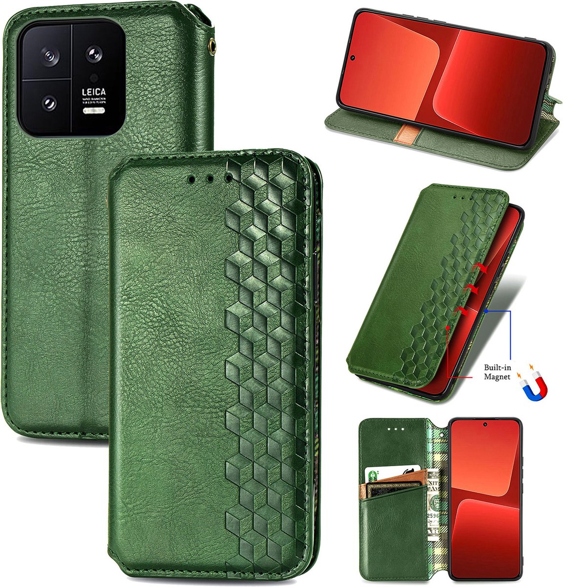 Luxe PU Lederen Ruitpatroon Wallet Case + PMMA Screenprotector voor Xiaomi 13 _ Groen