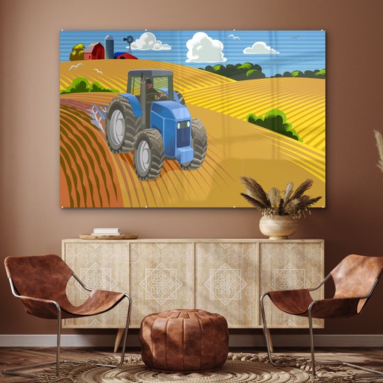 MuchoWow® Glasschilderij 150x100 cm - Schilderij acrylglas - Trekker - Boer - Wolken - Foto op glas - Schilderijen