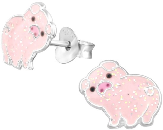 Joy|S - Zilveren varken oorbellen - roze varkentje met glittertjes - 10 x 8 mm - kinderoorbellen