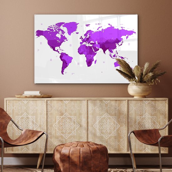 Carte du monde mauve sur fond blanc Plexiglas 120x80 cm - Tirage photo sur Glas (décoration murale plexiglas)