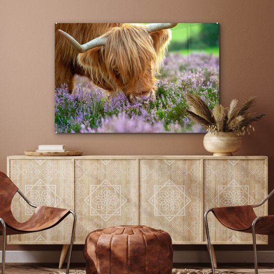 MuchoWow® Peinture sur verre 120x80 cm - Peinture sur verre acrylique - Highlander écossais - Herbe - Bruyère - Animaux - Photo sur verre - Peintures