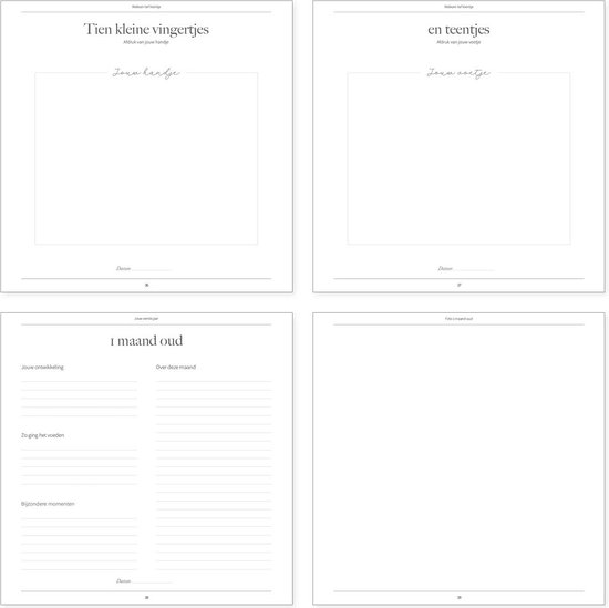 Boekpagina's met 'Tien kleine vingertjes', 'en teentjes', '1 maand oud' en foto-invulvelden.