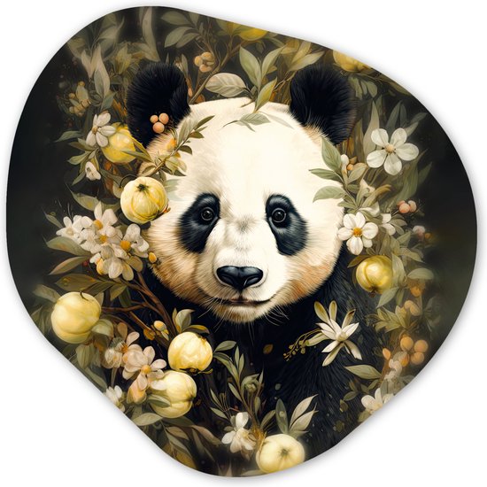 Organische wanddecoratie 90x90 cm - Organisch schilderij Panda - Pandabeer - Wilde dieren - Natuur - Bloemen - Kunststof muurdecoratie - Woonkamer schilderijen - Organische spiegel vorm op kunststof