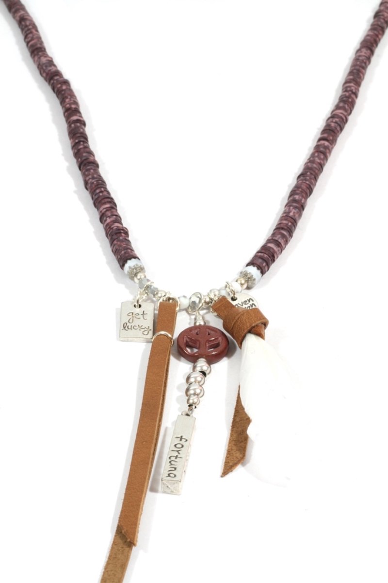 Heaven Eleven dames Ketting fimo - bruin - veer - peace