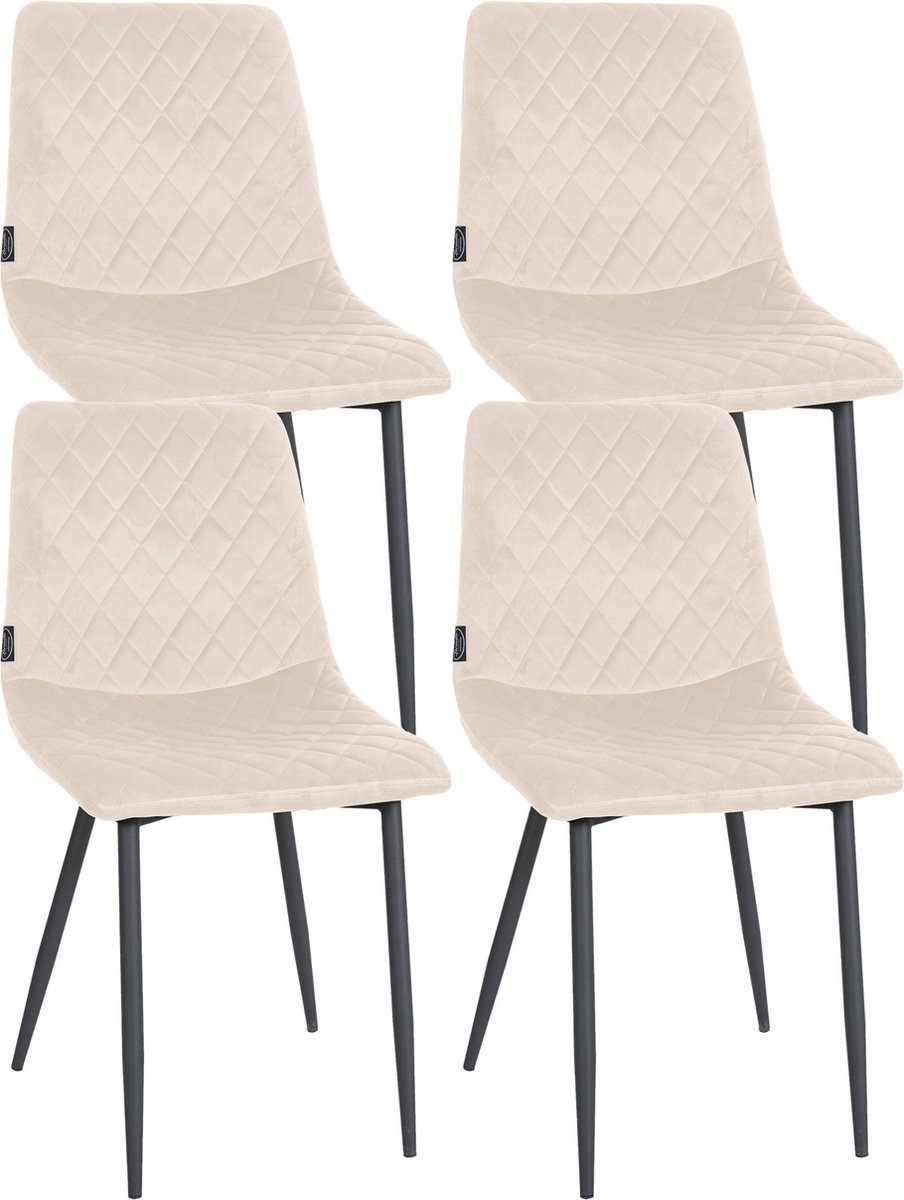 CLP Telde Set van 4 Eetkamerstoelen - Zonder armleuning - Metaal frame - Fluweel - Velvet - creme