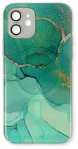 Casemania Hoesje Geschikt voor Apple iPhone 12 Blauw - Siliconen Marmer Back Cover - Geschikt voor MagSafe