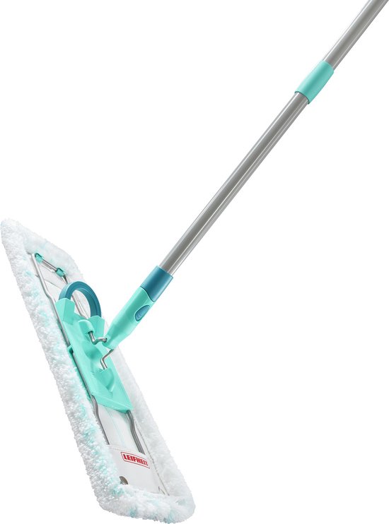 Tête de serpillière turquoise avec cadre en métal argenté.