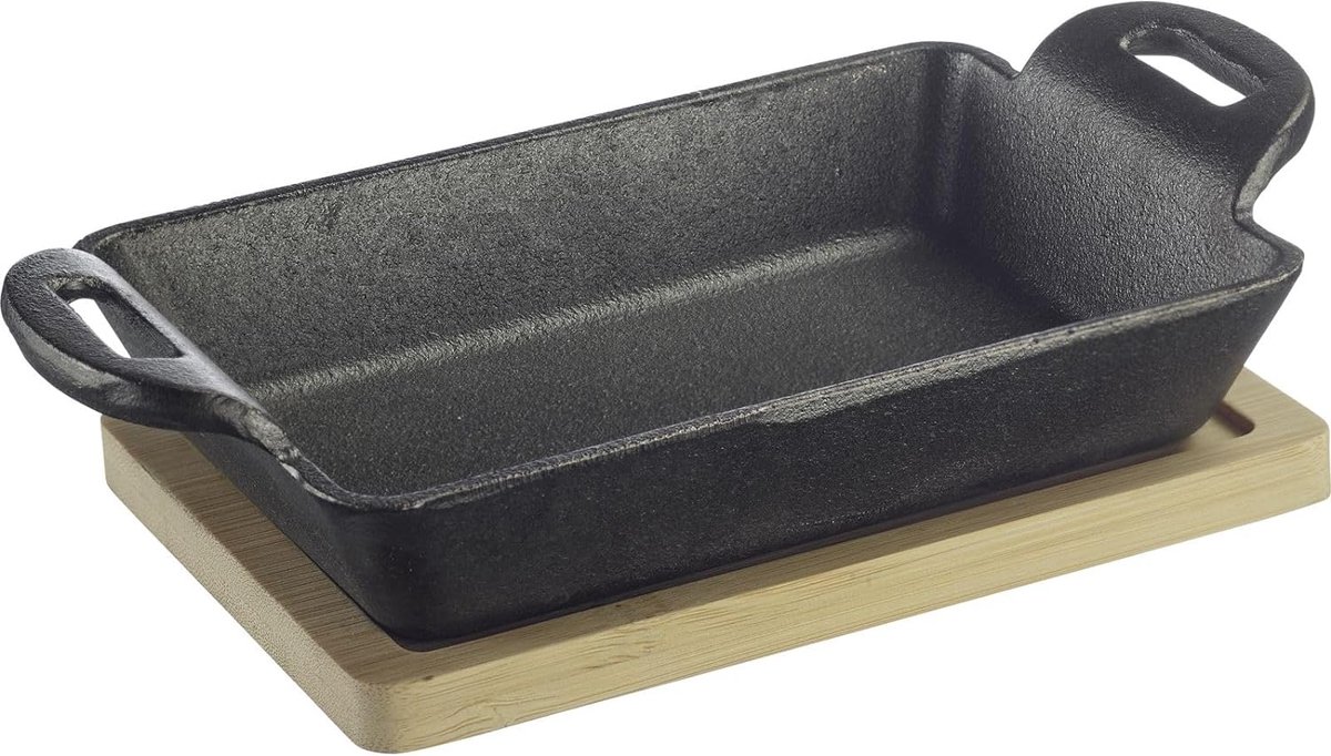 Westmark Gietijzeren Pan Tapas + Friends – kleine gietijzeren pan met deksel, geschikt voor alle soorten fornuizen, inclusief inductie en grill, incl. bamboe onderzetter – ijzer, 300ml