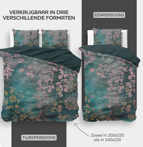 Sleeptime Tiran Flower Dekbedovertrekset - Tweepersoons - 200x200/220 + 2 kussenslopen 60x70 - Groen