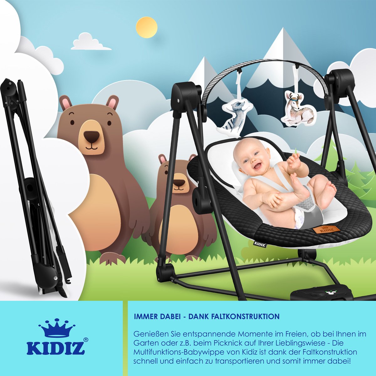 KIDIZ Wipstoel Baby Elektrisch Babyschommel tot max 9kg - Zwart thumbnail 4