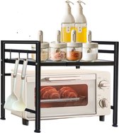 2-Tier Microwave Stand, Expandable Microwave Shelf, Kitchen Table Shelf Made of Carbon Steel, Mini Oven Holder for Worktop, Baker's Shelves with 3 Hooks