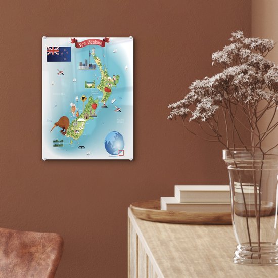 la carte de la Nouvelle-Zélande en plexiglas style cartoon 30x40 cm - Tirage photo sur Glas (Décoration murale en plexiglas) / Mer et Plage