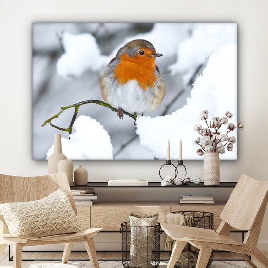 Robin sur une branche enneigée Toile 120x80 cm - Tirage photo sur toile (Décoration murale salon / chambre)
