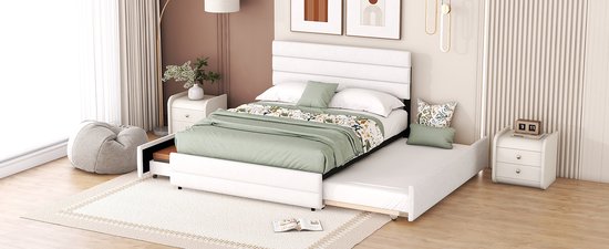 Merax Lit double 140 x 200 - Cadre de lit avec 2 tiroirs et lit gigogne supplémentaire 90 x 190 - Wit