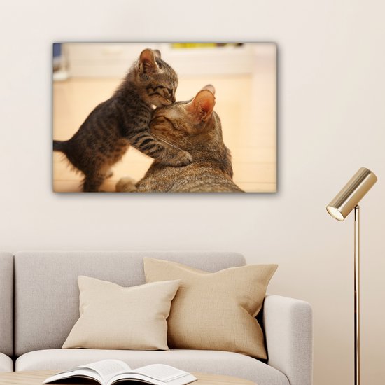 Chat câlin avec chaton 60x40 cm - Tirage photo sur toile (Décoration murale salon / chambre)