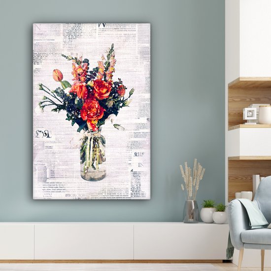 Illustration fleur sur coupure de journal 90x140 cm - Tirage photo sur toile (Décoration murale salon / chambre) / Peintures Fleurs sur toile